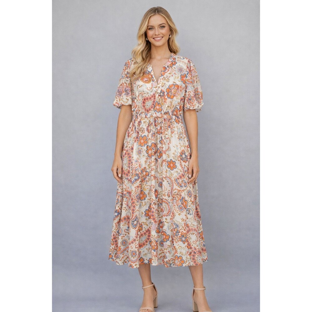 MSK Floral Dress MEDIUM Boho‎ Midi Short Sleeve V-Neck Women's Sundress
